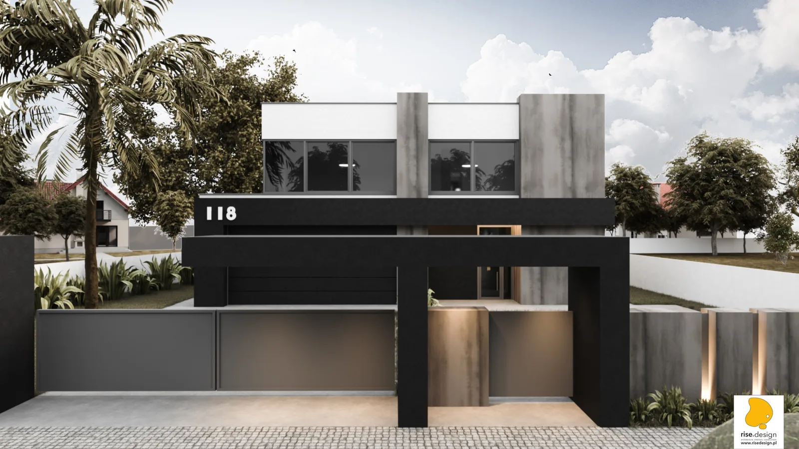 Hero: front street elevation render of the contemporary modernist house at Sielska 118 Niemcz showing cantilevered black upper volume floating on exposed concrete pillars, flat roof, warm timber entry portal, and architectural concrete fence with LED uplighting