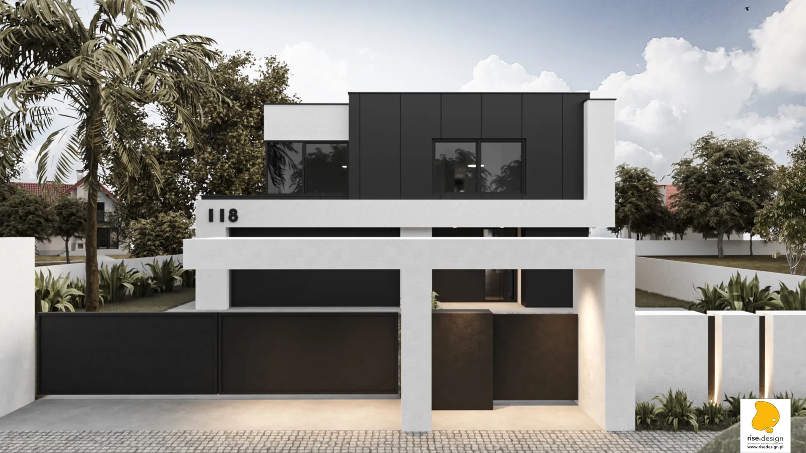 Hero: rear garden elevation render showing the full south-facing facade with 828 centimetre wide sliding glass system, covered terrace with outdoor dining, geometric cross-shaped pool, and landscaped garden unfolding across the triangular plot