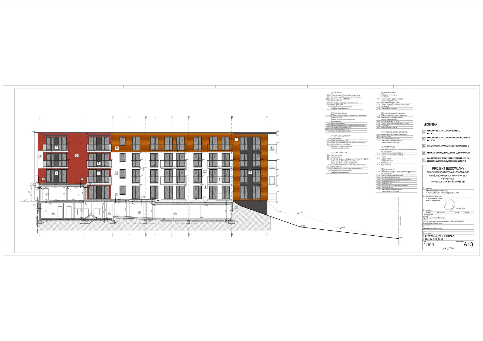 Elevation: coloured architectural drawing showing four-storey residential facade with white RAL 9003 mineral plaster, anthracite RAL 7015 accents, golden oak decorative boards, and balcony railings at ul Lokietka Bydgoszcz