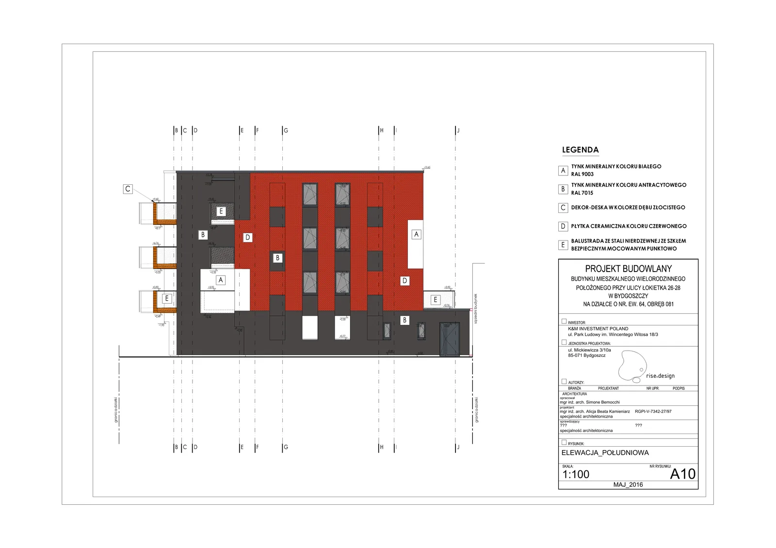 Elevation: coloured drawing showing building facade with bay window projections, decorative board cladding, and anthracite aluminium window systems on four-storey residential block