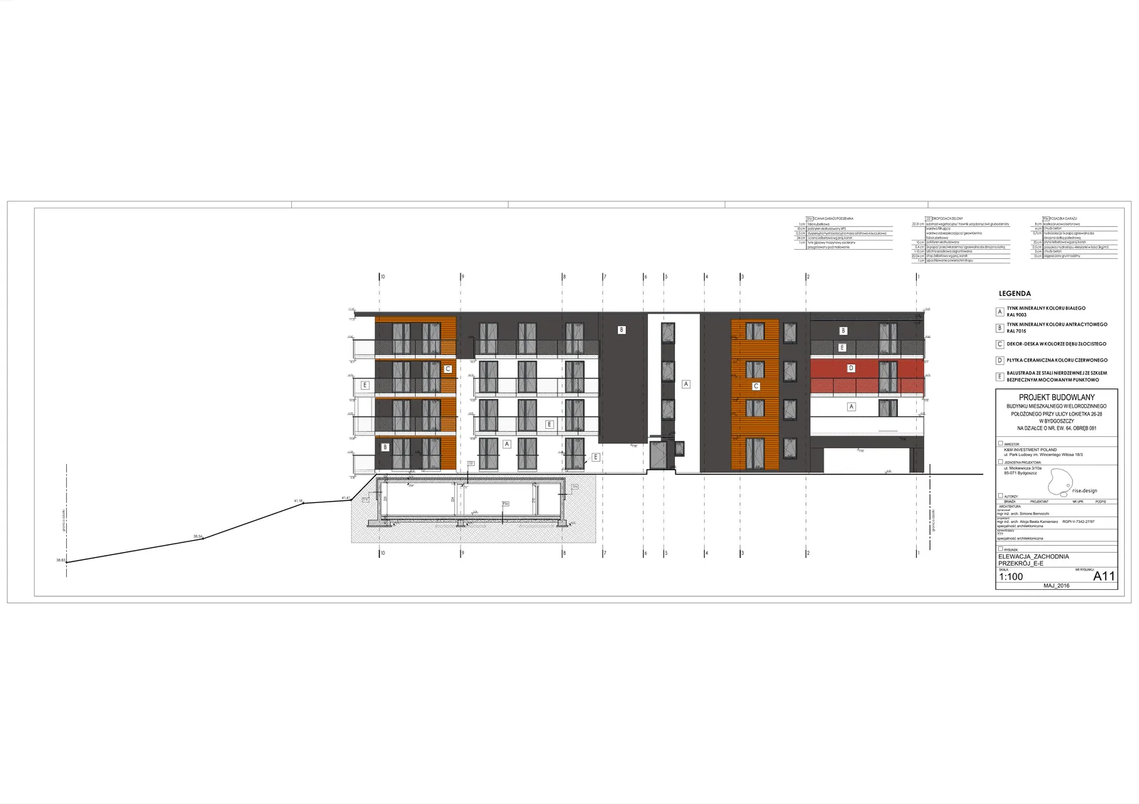 Elevation: coloured facade drawing showing building elevation with entrance vestibule, vehicle ramp descent to underground garage, and white mineral plaster with anthracite accent detailing