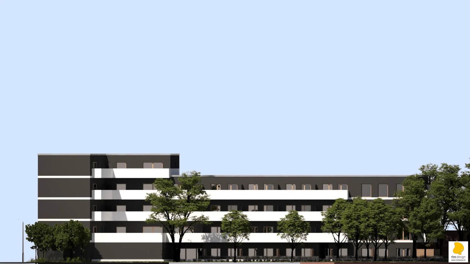Aerial bird-eye render showing full building massing, rooftop terraces, courtyard garden, and urban context within the Bocianowo district