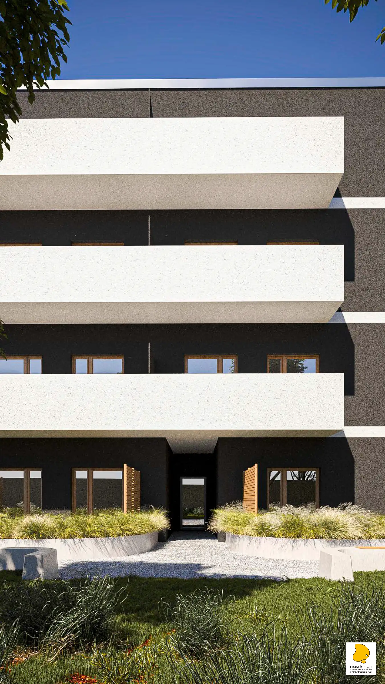 Side elevation render showing building profile stepping down with material transition zones and relationship to neighboring structures
