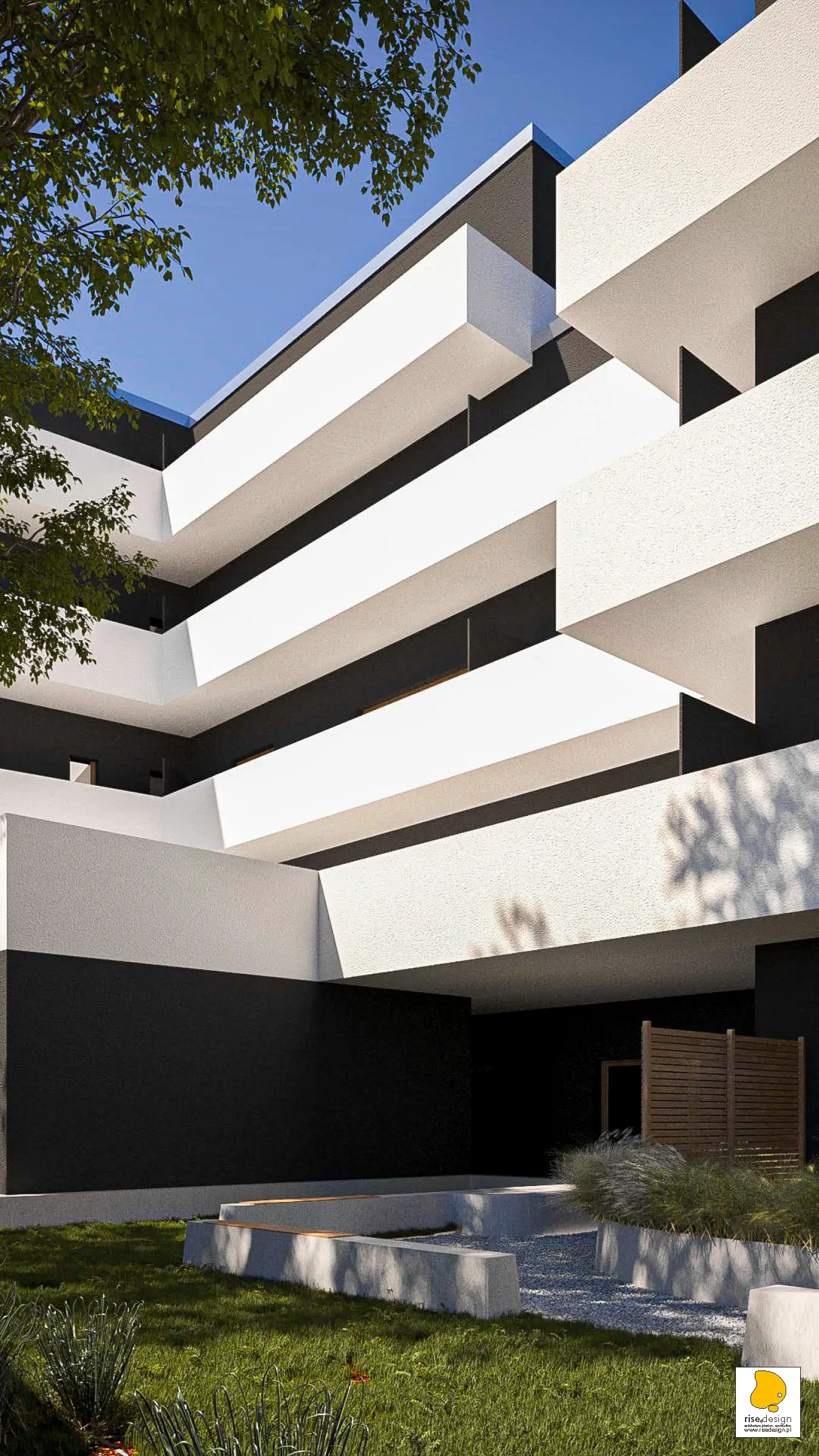 Garden balcony detail render showing private terraces with planters, glass balustrades, and intimate outdoor living quality