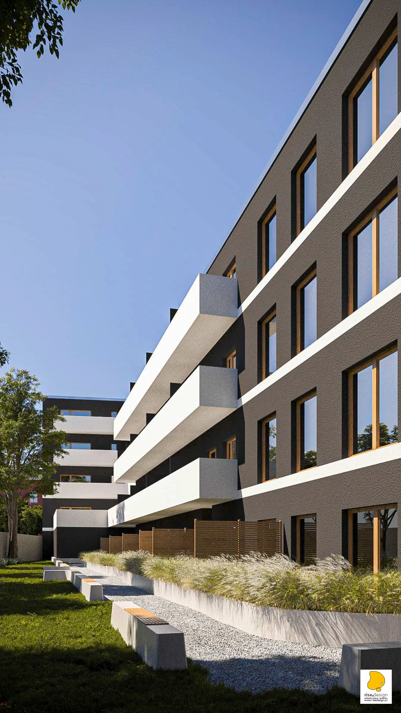 Garden entrance render showing courtyard approach with landscaping, pedestrian path, and rear building facade