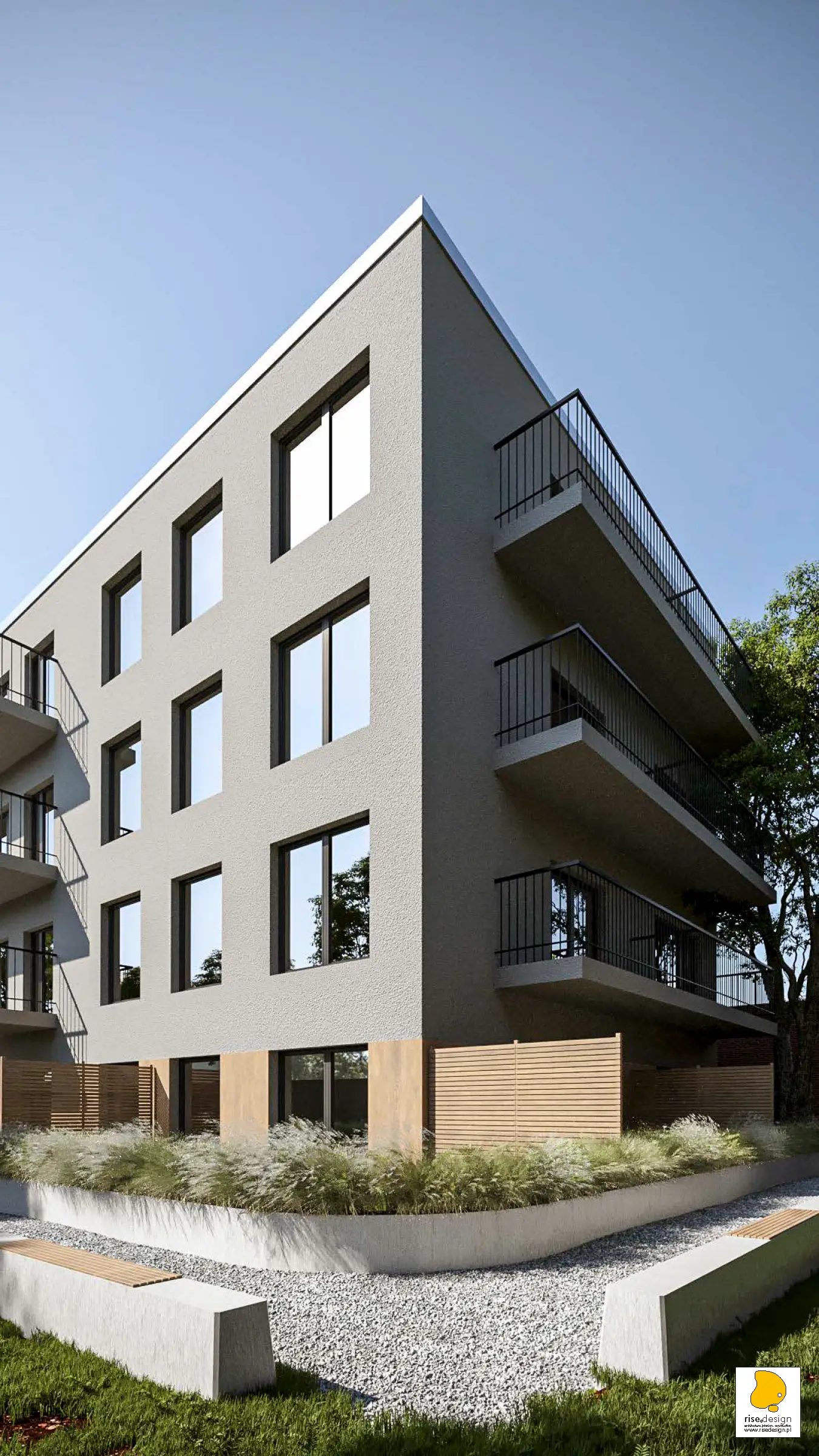 Facade Concept II grey variant render from identical viewpoint showing lighter grey material palette with subtle horizontal banding