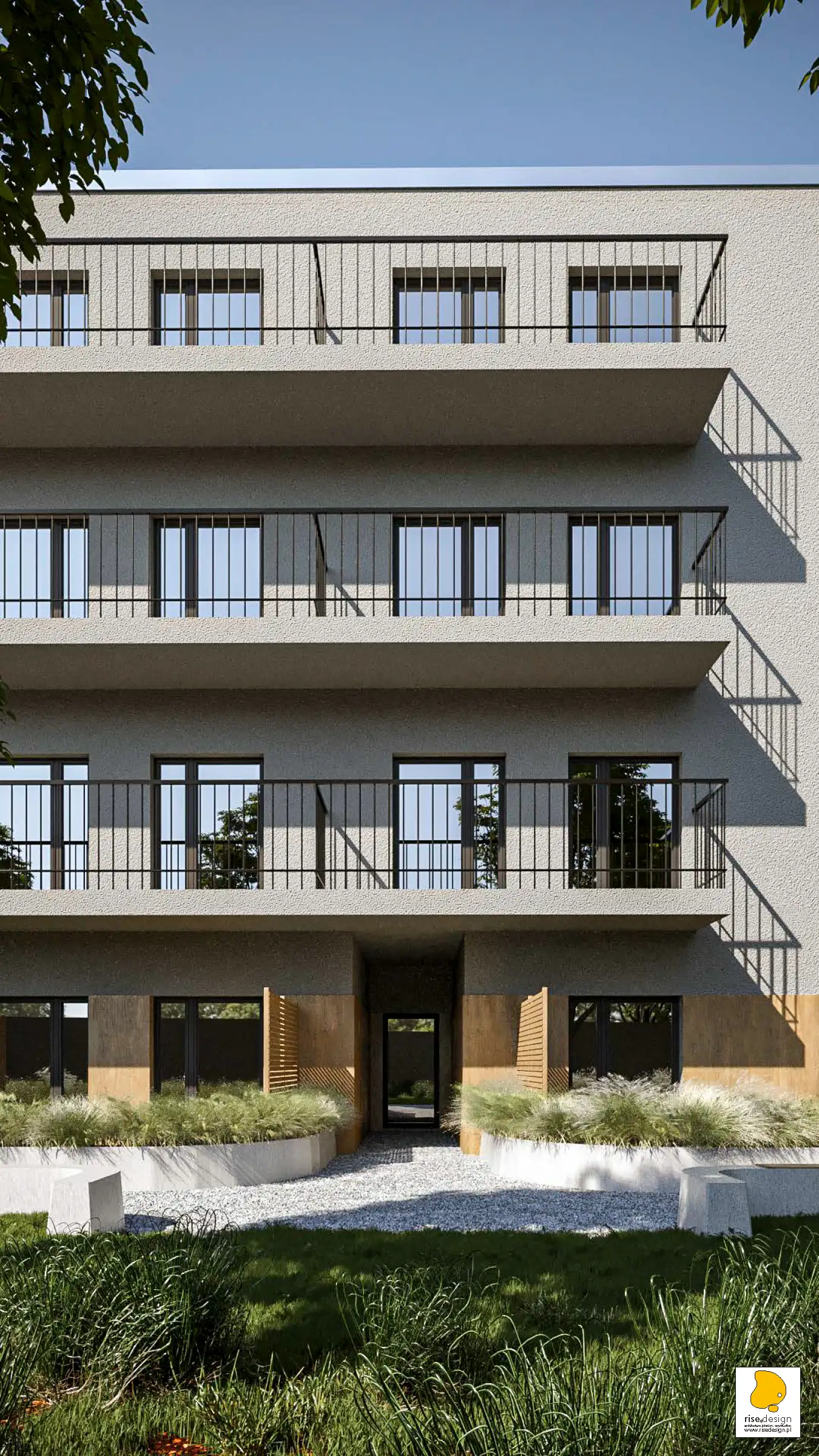 Facade Concept III render from identical viewpoint showing white surfaces with contrasting dark horizontal accent bands