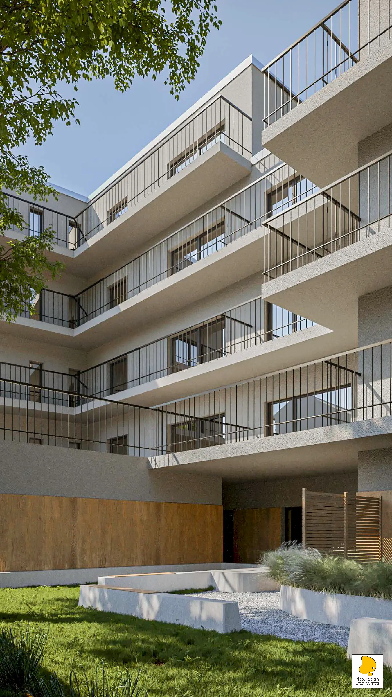Facade Concept IV render from identical viewpoint showing pure all-white material approach with clean geometric balcony forms