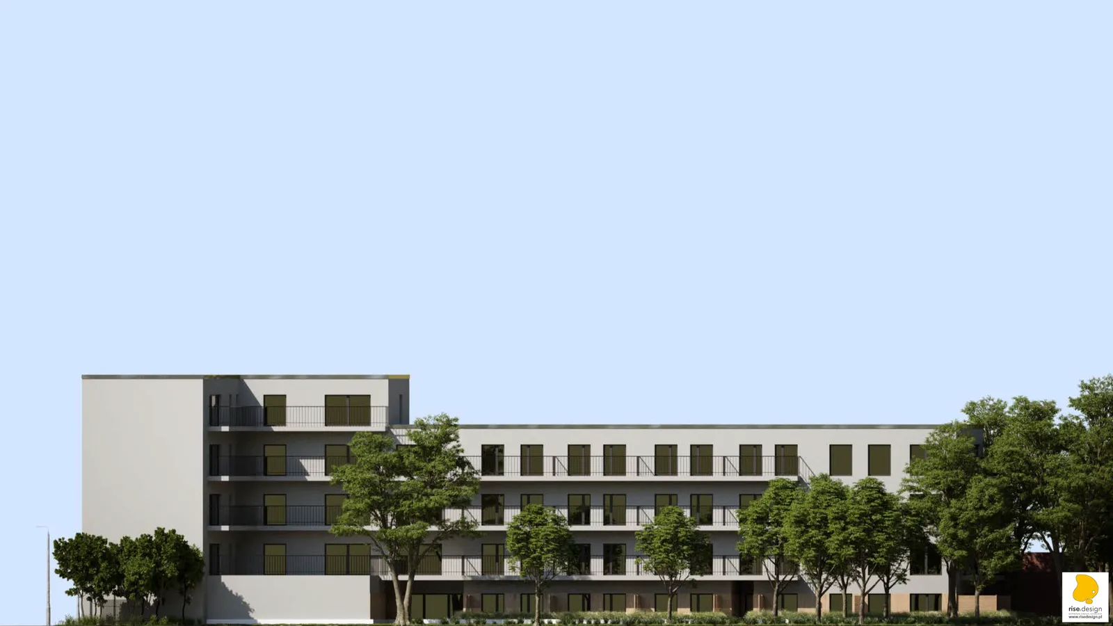 Street corner render of Rycerska 14 showing the selected Concept I facade in deep black and white silicone render with projecting balconies and ground-floor commercial glazing