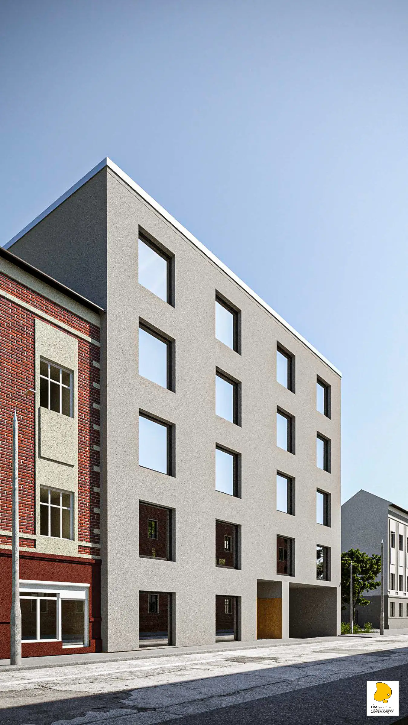 Courtyard perspective render showing rear facade composition with balcony terraces, integrated planters, and landscaped garden paths