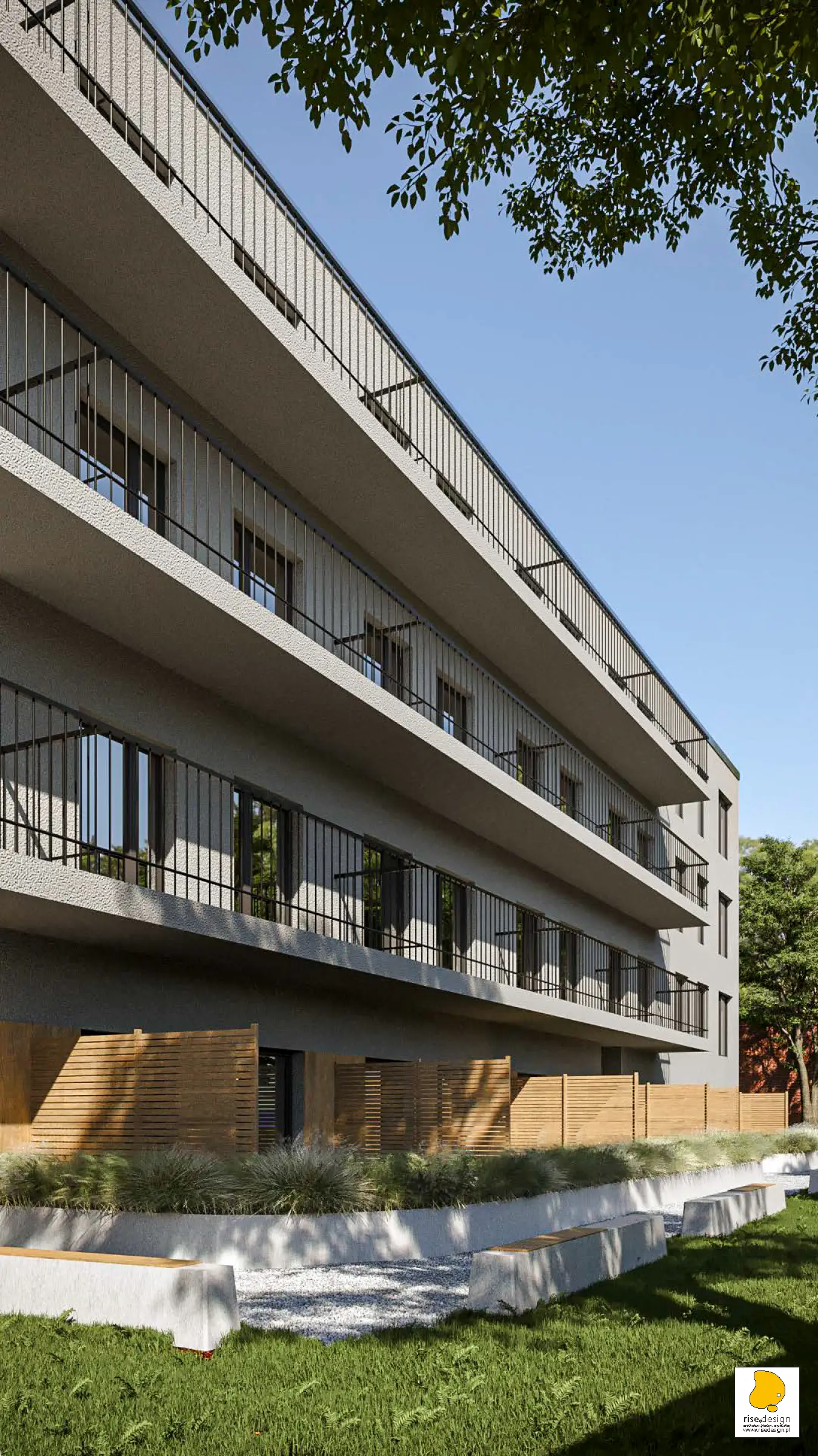 Courtyard garden render showing enclosed outdoor space between building wings with mature planting and residential balconies above