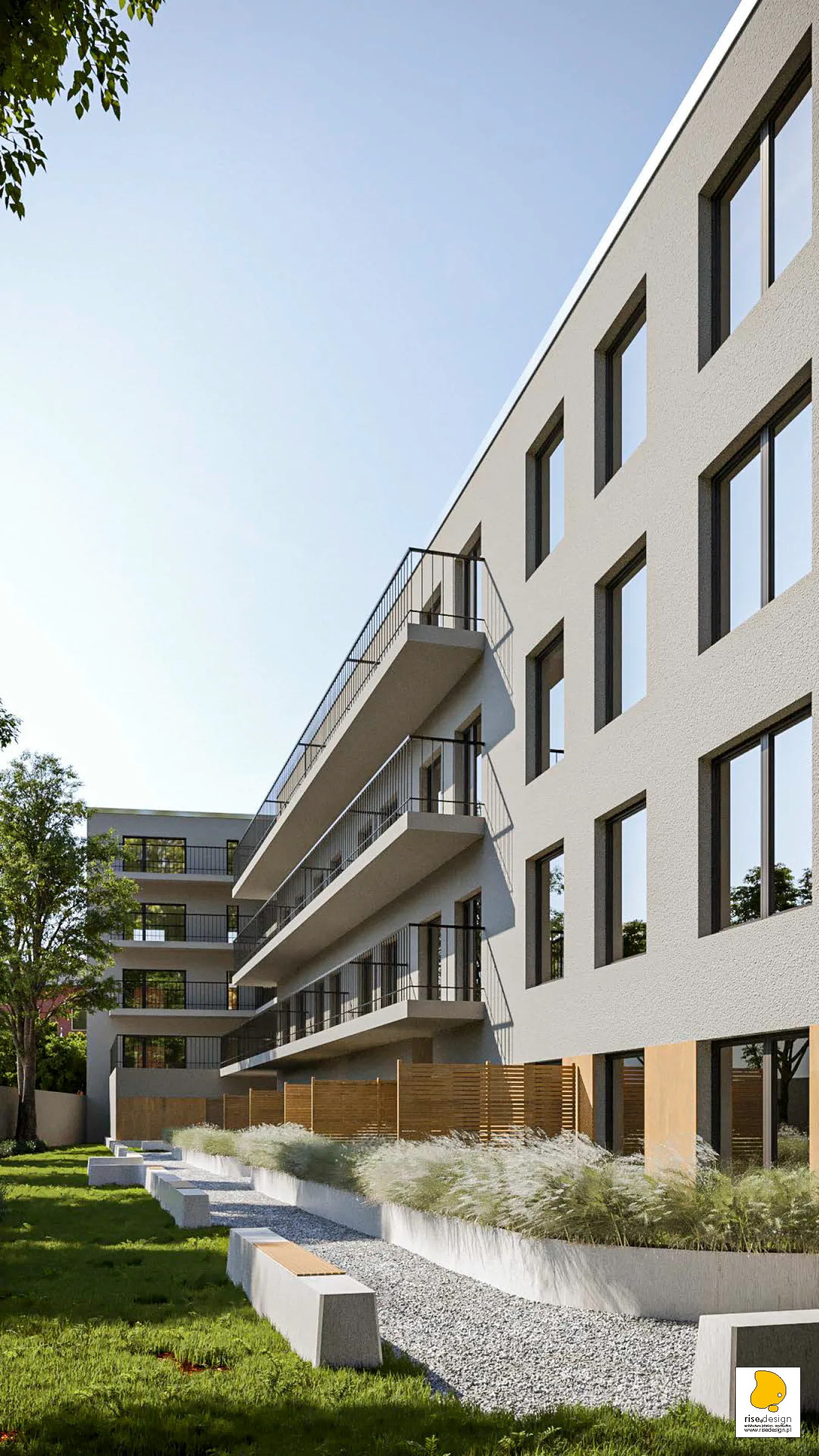 Courtyard entrance render showing pedestrian approach with landscaping, garden paths, and rear building facade with private terraces