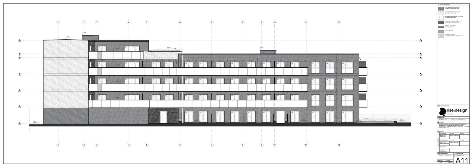 PAB elevation drawing showing side facade proportions, window pattern, and stepping building profile