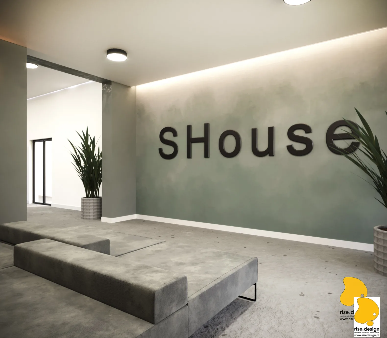 Detail: lobby render variant showing the preserved original 1975 terrazzo mosaic floor integrated as an adaptive reuse design feature with sage green plaster walls and contemporary pine wood panels