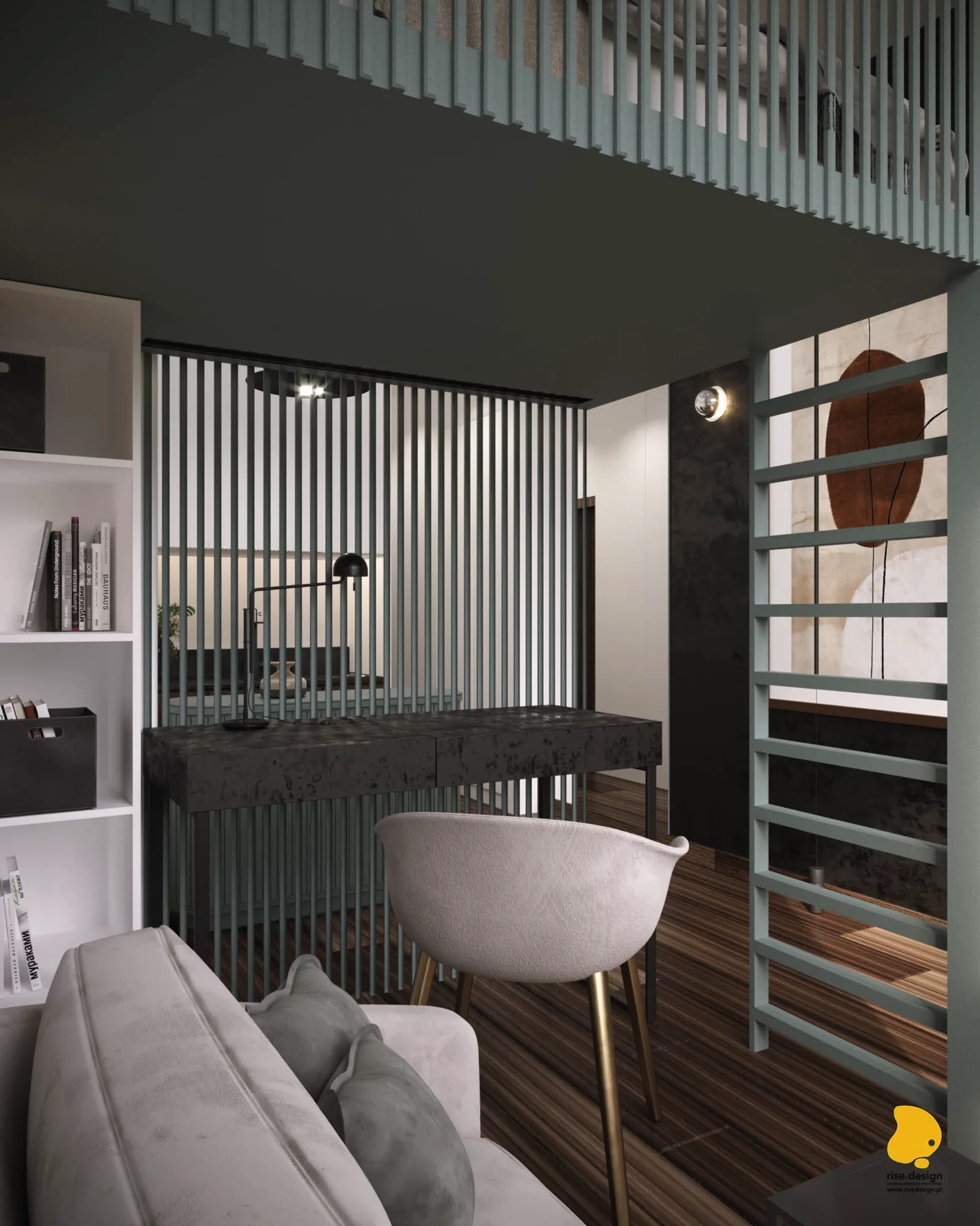 Marketing: presentation board showing apartment interior design concept with furniture layouts, material samples, and design mood references