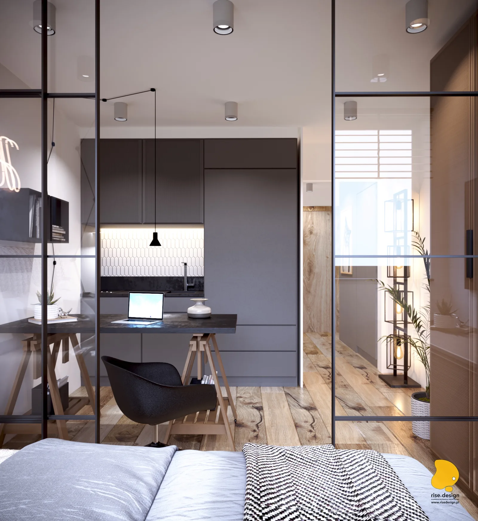 Marketing: presentation board showing S House bathroom design options with material callouts, fixture specifications, and interior renders