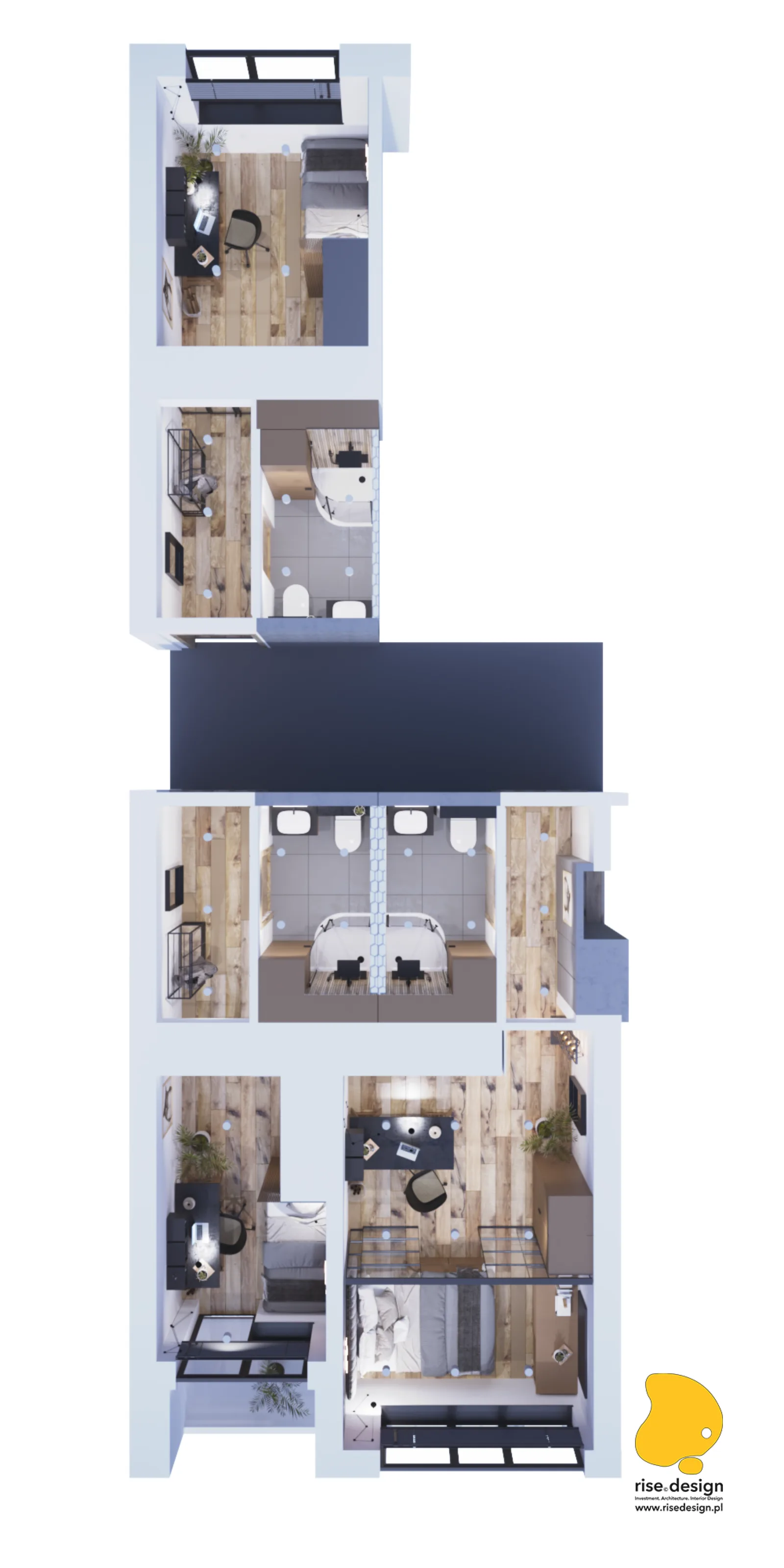 Marketing: presentation board showing S House project summary with key metrics, design highlights, and delivery milestones