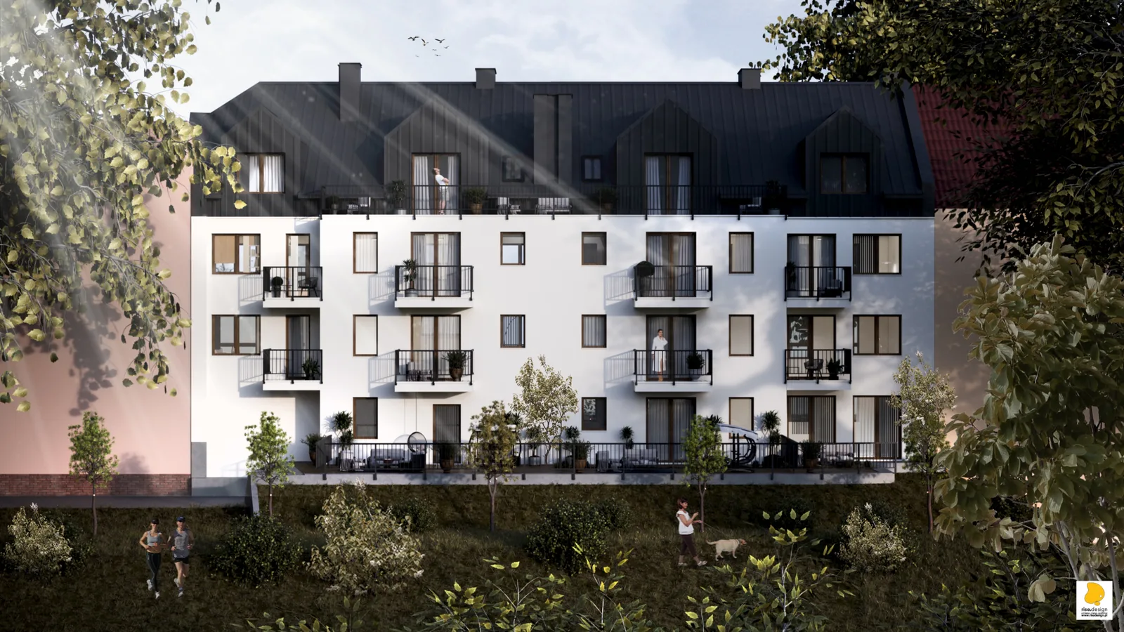 Exterior: rear garden perspective render of the four-storey residential building with dormer windows, standing seam metal roof in dark basalt grey, and private terraces at ground level