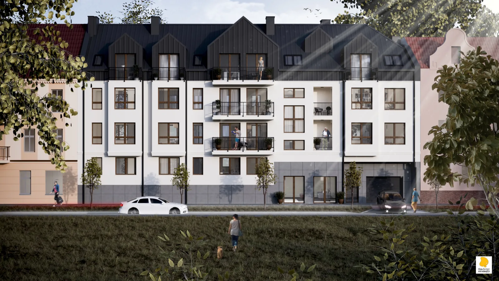 Exterior: south street elevation render of the multi-family residential building on Seminaryjna Street showing polished grey granite base, KABE silicate render facade, dormered pitched roof, and urban infill context between neighboring tenements