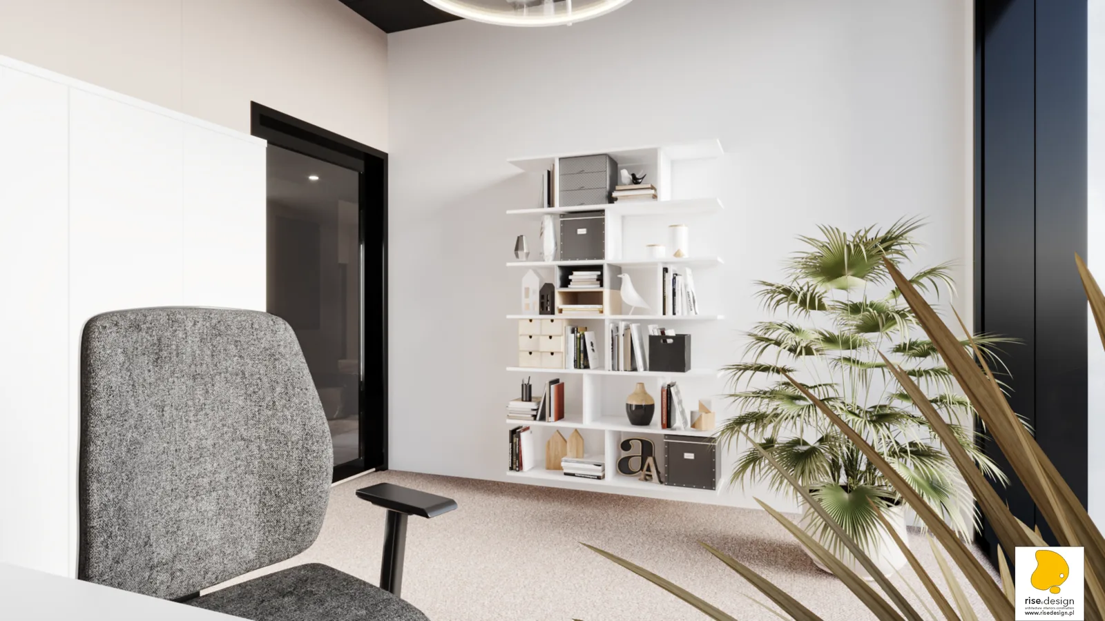Interior: executive office render on floor 2 with full-wall styled bookshelf, L-shaped desk, dark ceiling treatment, palm plant, and floor-to-ceiling glass partition overlooking corridor