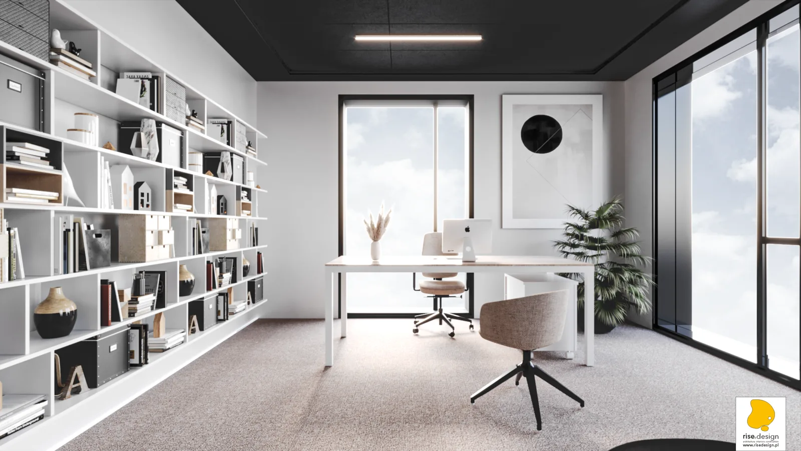 Interior: stairwell render with white stone treads, glass balustrade, recessed step lighting, and raised geometric wall panels continuing into circulation core