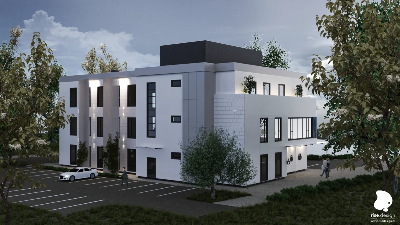 Exterior: landscaping detail render showing formal hedging, paver-block parking surface, mature deciduous trees, and building entrance approach