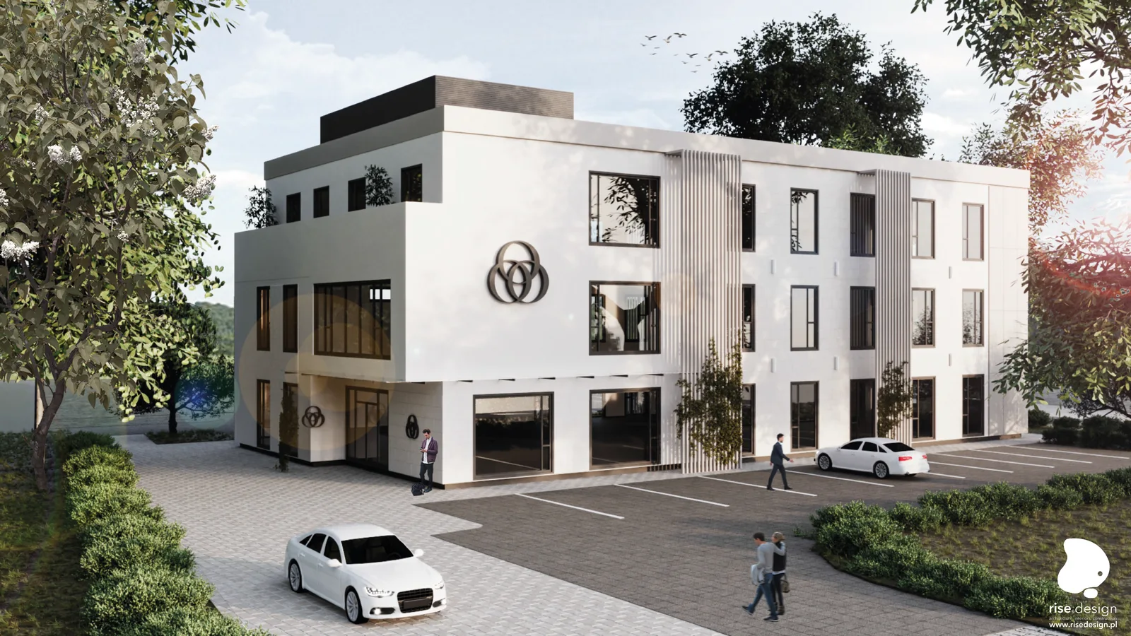 Interior: bird's-eye 3D axonometric furnished ground floor plan render showing complete 8,948 square metre corporate office layout with reception, auditorium seating rows, conference rooms, kitchenette, and organic lobby seating