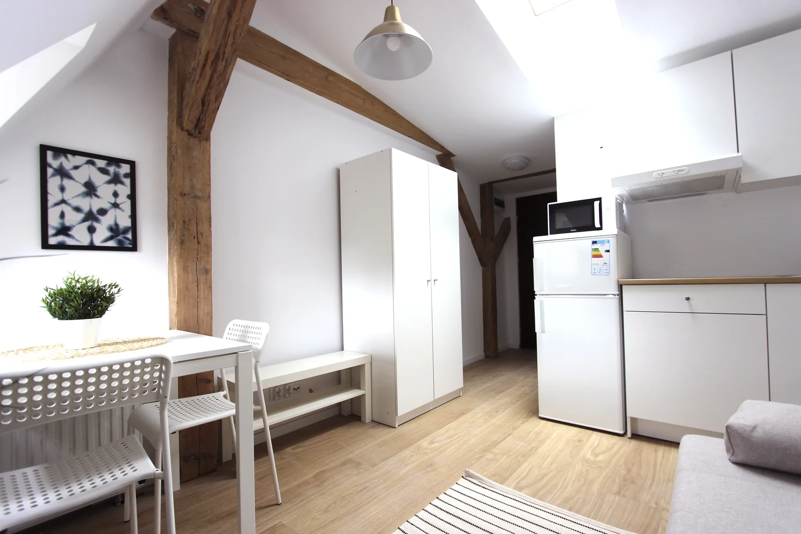 Interior: full apartment overview from entry showing open-plan layout with kitchenette, living, and sleeping zones within approximately 25 square metres under the original gable roof structure