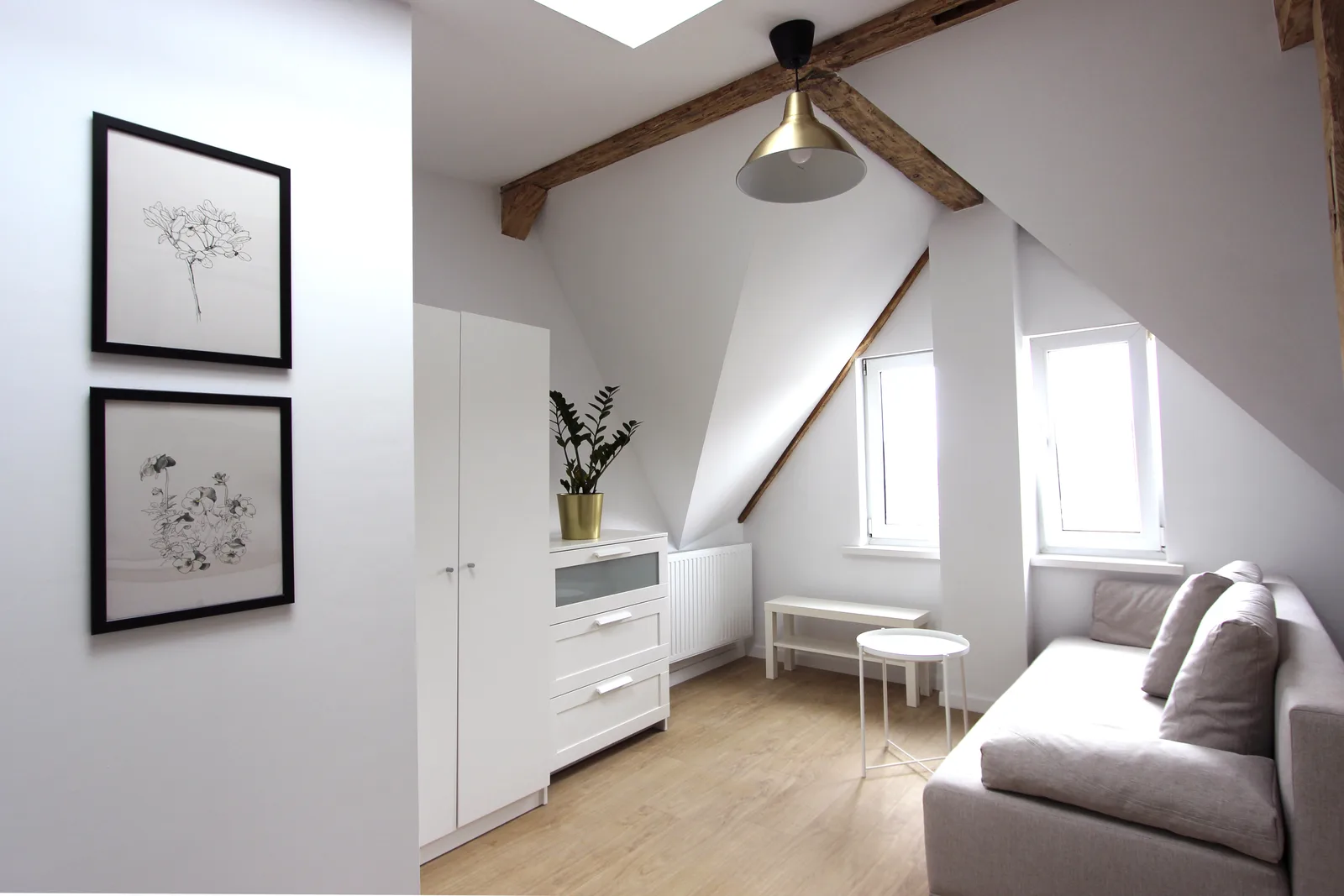 Interior: gable A-frame roof structure with exposed original aged timber beams, botanical plant styling in gold pots, built-in storage maximising knee-wall zone, and white Scandinavian palette