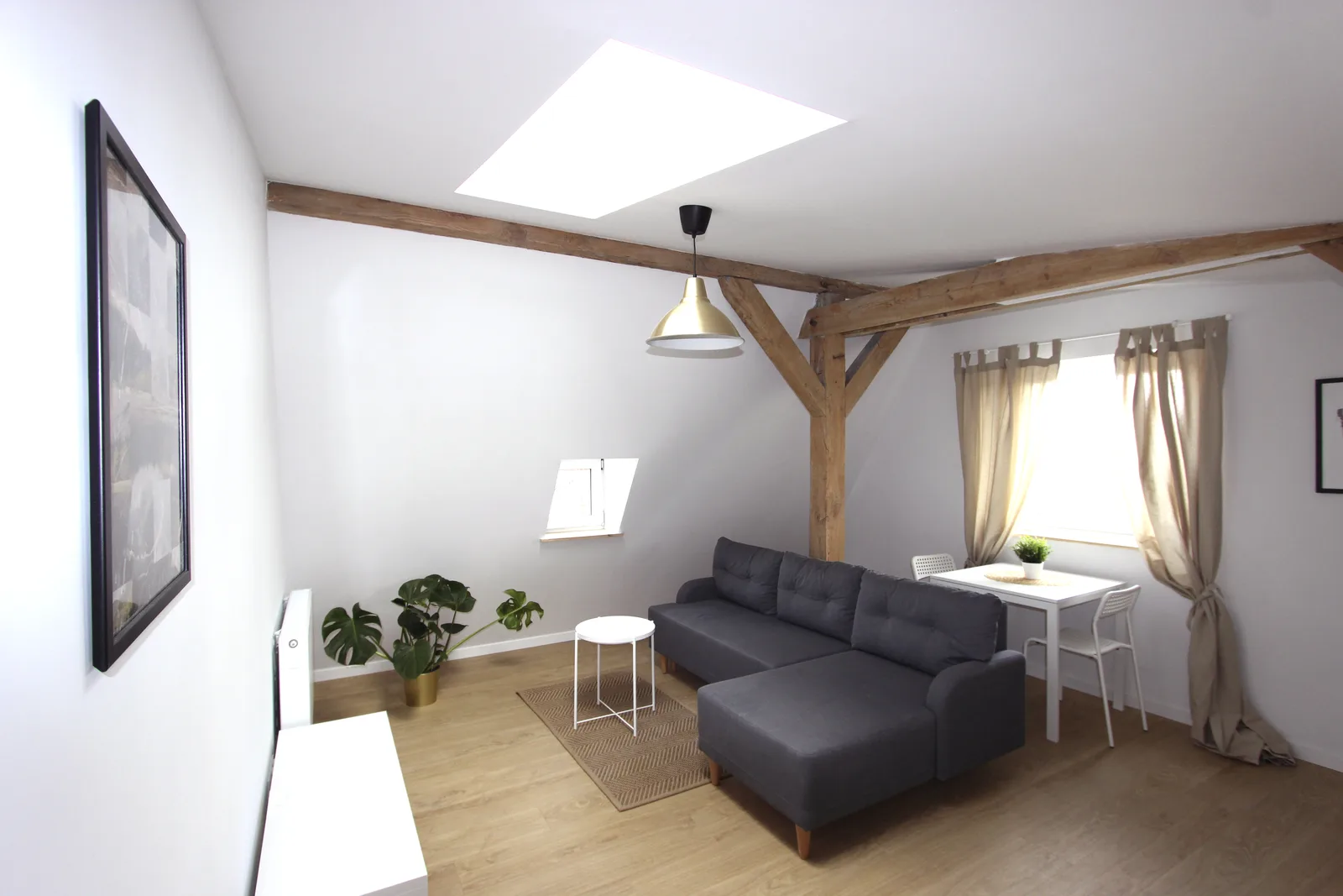 Interior: living area beneath skylight with dramatic Y-shaped aged timber beam overhead, dark sofa, Monstera plant, and natural daylight strategy transforming the compact 25 square metre attic space