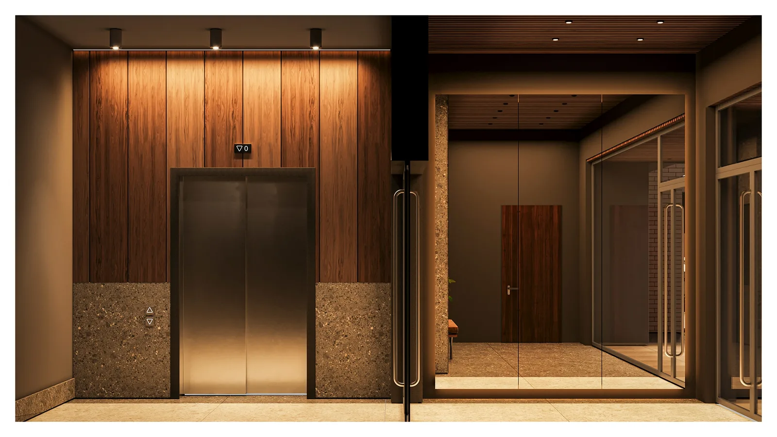 Render: garage entrance detail visualization showing vehicular access ramp with bollards, integrated lighting, and careful integration with heritage streetscape above