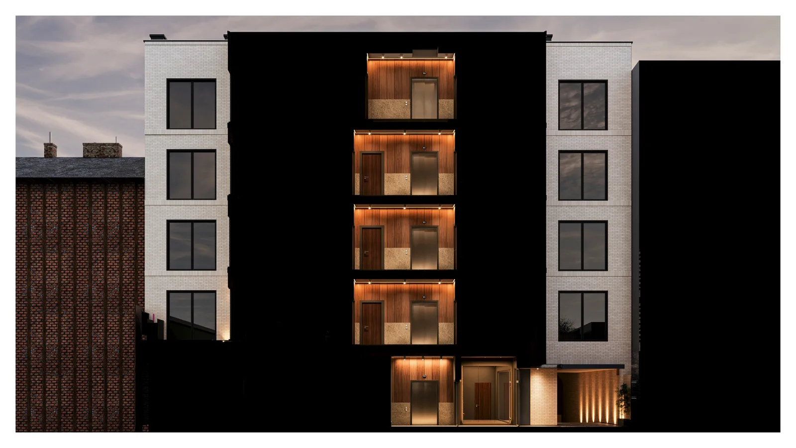 Render: gateway passage interior visualization showing restored arched ceiling, brick-clad walls, atmospheric downlighting, and cobblestone floor connecting street to courtyard