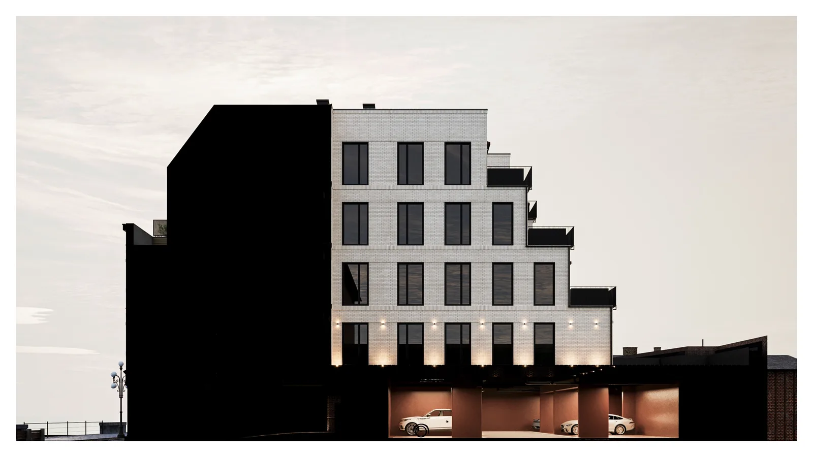 Render: facade junction detail visualization showing the precise architectural transition between restored heritage plasterwork and new standing seam metal cladding