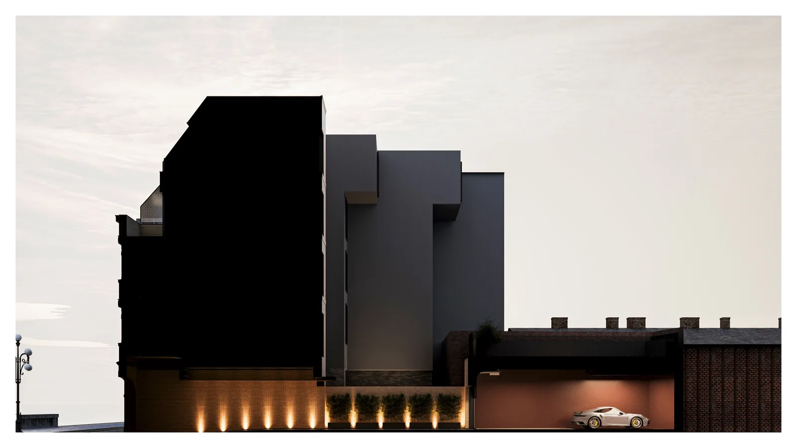 Render: rooftop detail visualization showing green roof planting, standing seam metal parapet, HVAC equipment screening, and penthouse terrace edge condition