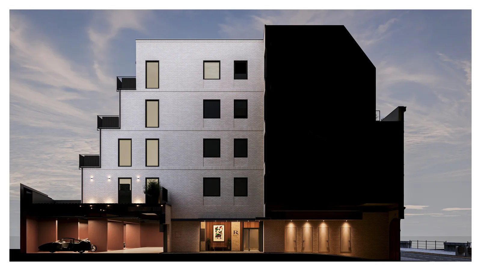 Render: entrance door detail visualization showing dark walnut timber joinery with heritage proportions, brass hardware, and integrated intercom panel
