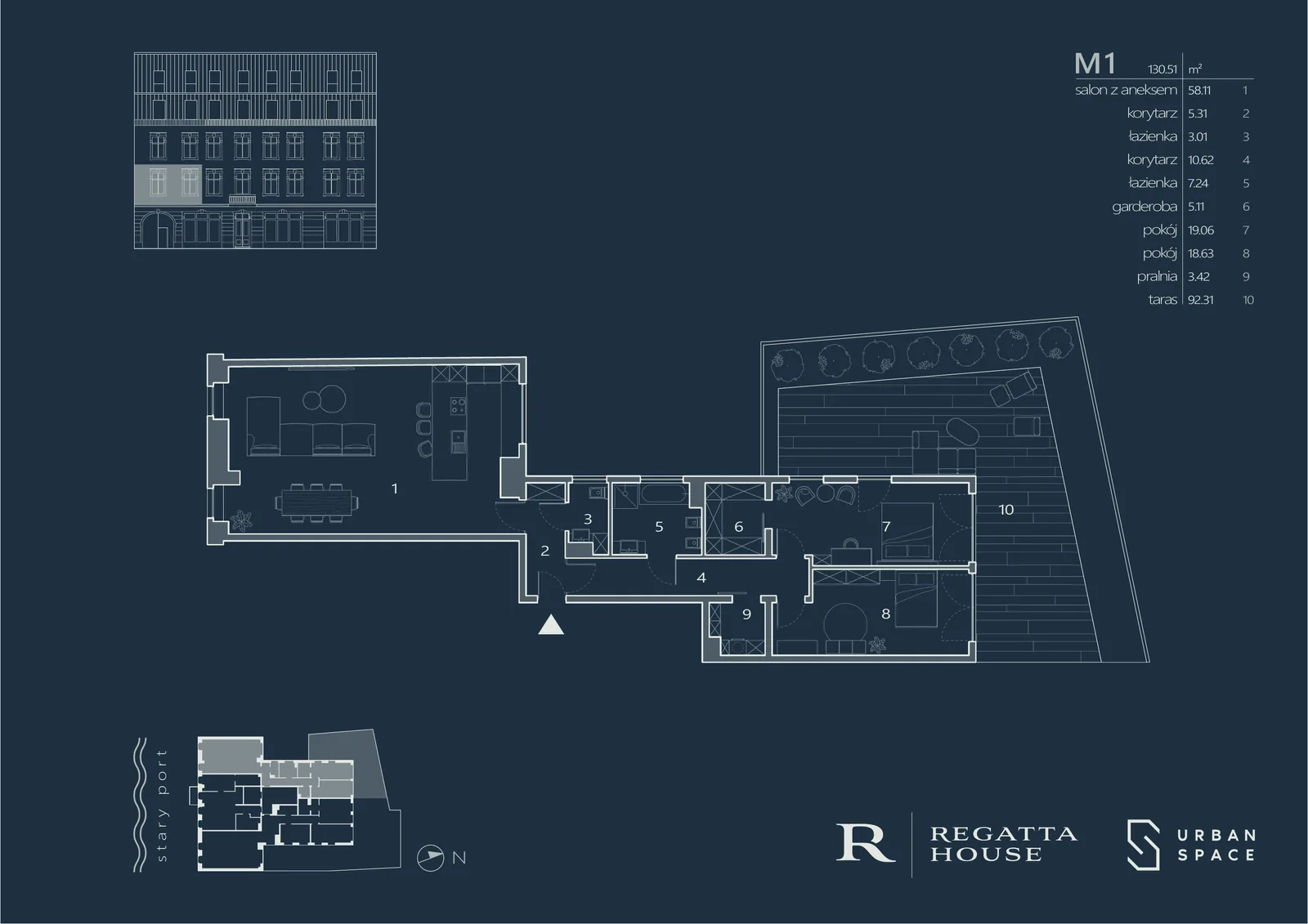 Drawing: premium navy-branded Regatta House apartment marketing card for unit M1 showing floor plan, room areas table, 130.51 square metres with 92.31 square metre terrace
