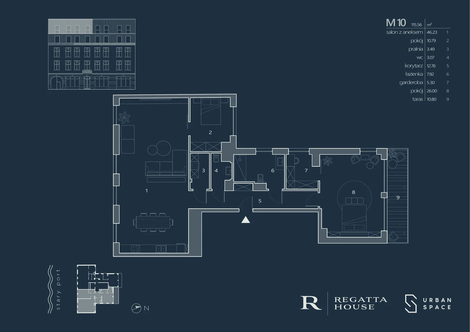 Drawing: premium navy-branded Regatta House apartment marketing card for unit M2 showing floor plan, room areas table, 82.13 square metres with balcony