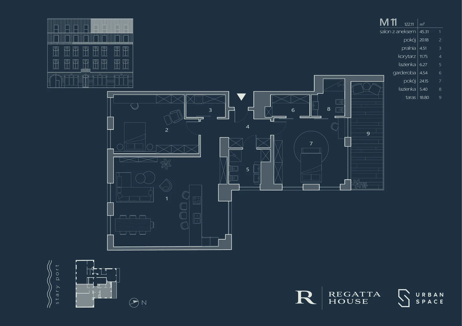 Drawing: premium navy-branded Regatta House apartment marketing card for unit M3 showing floor plan, room areas table, 146.58 square metres with 162.85 square metre terrace
