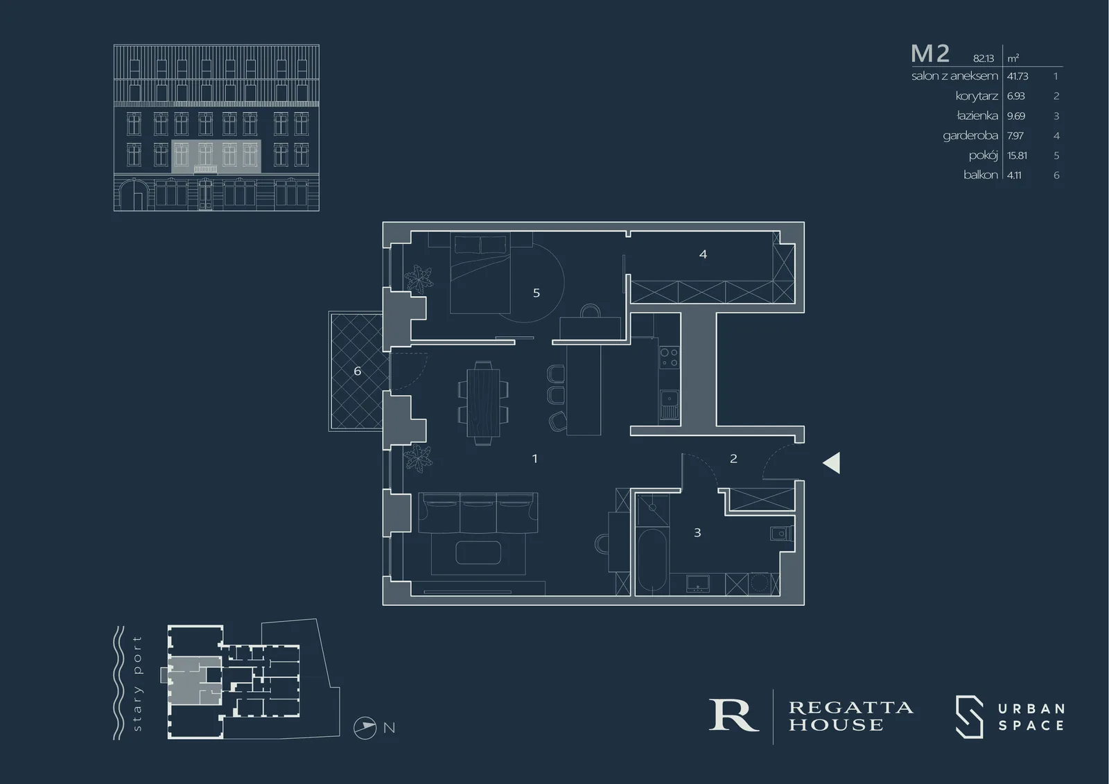 Drawing: premium navy-branded Regatta House apartment marketing card for unit M4 showing floor plan, room areas table, 121.73 square metres with terrace