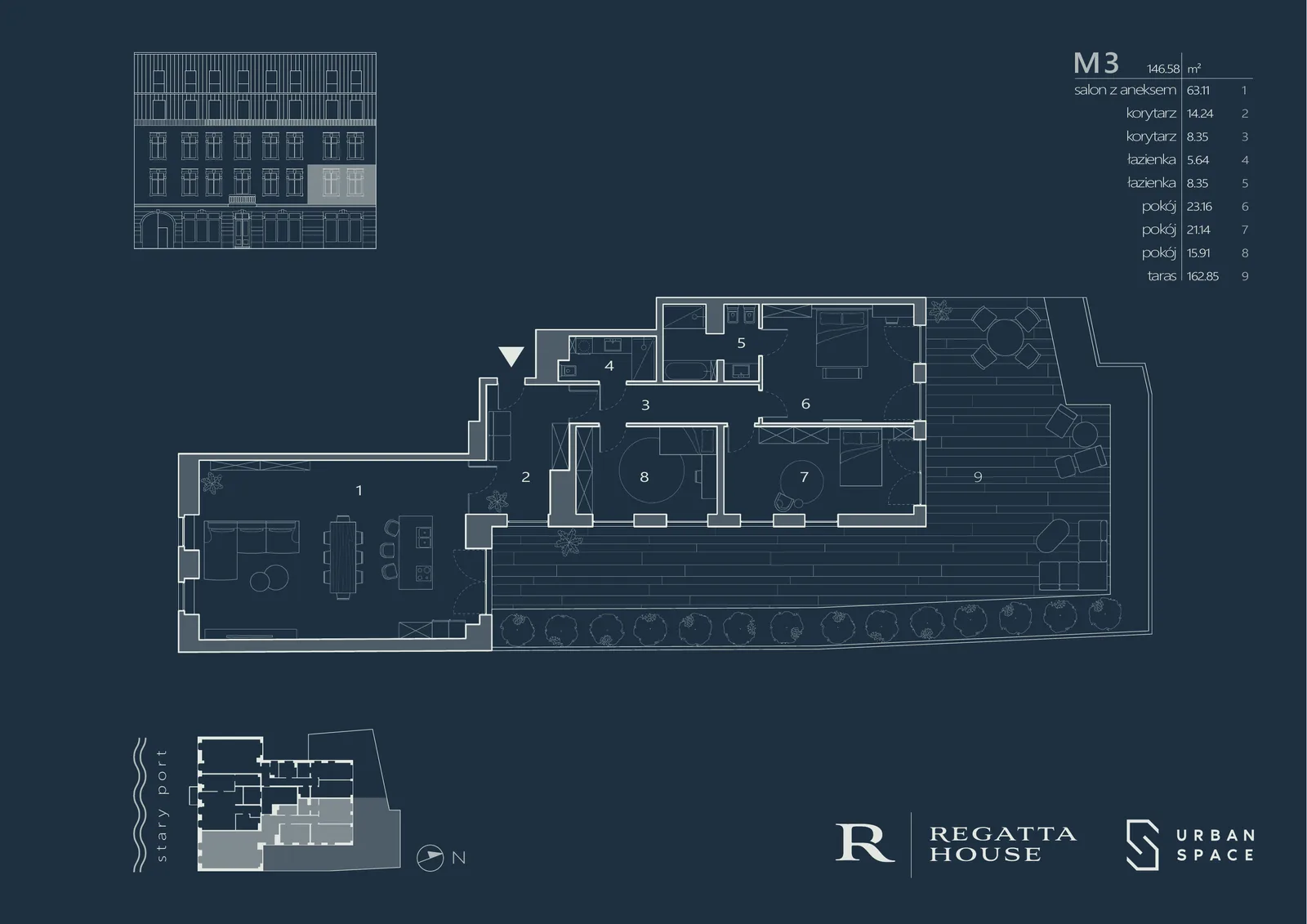Drawing: premium navy-branded Regatta House apartment marketing card for unit M5 showing floor plan, room areas table, 82.35 square metres without external space