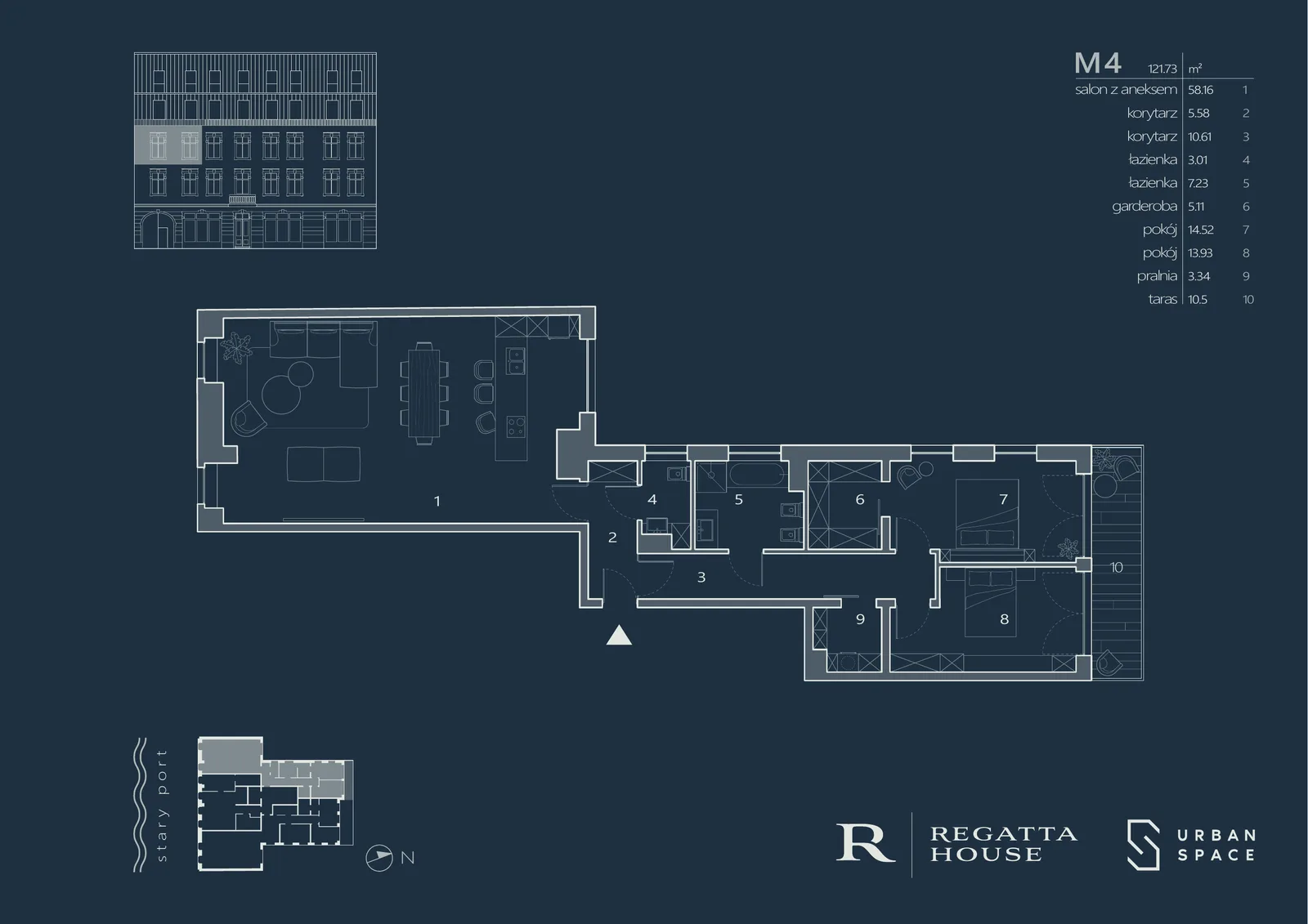 Drawing: premium navy-branded Regatta House apartment marketing card for unit M6 showing floor plan, room areas table, 143.36 square metres with terrace