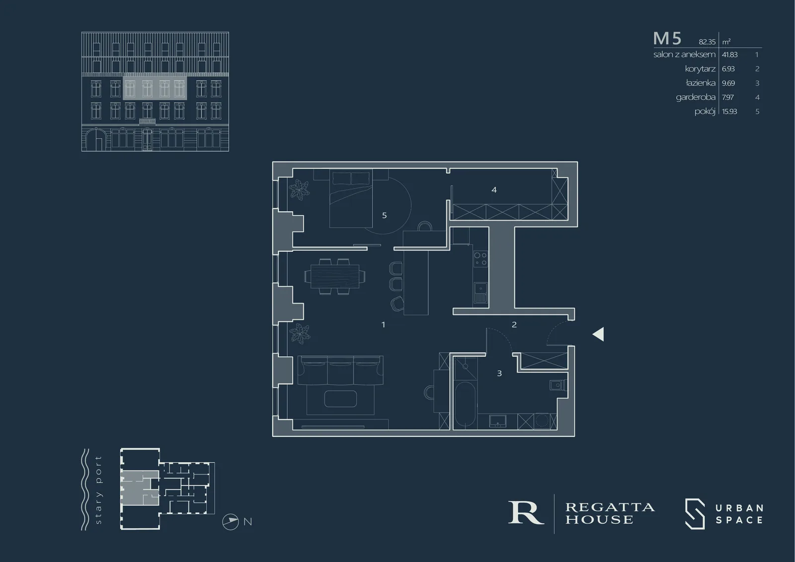 Drawing: premium navy-branded Regatta House apartment marketing card for unit M7 showing floor plan, room areas table, 101.91 square metres with dual terraces