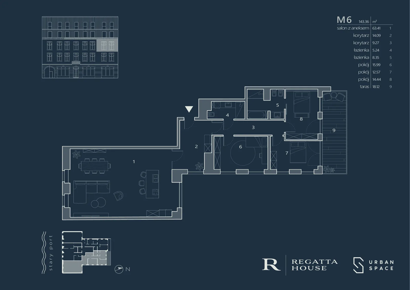 Drawing: premium navy-branded Regatta House apartment marketing card for unit M8 showing floor plan, room areas table, 63.39 square metres with terrace