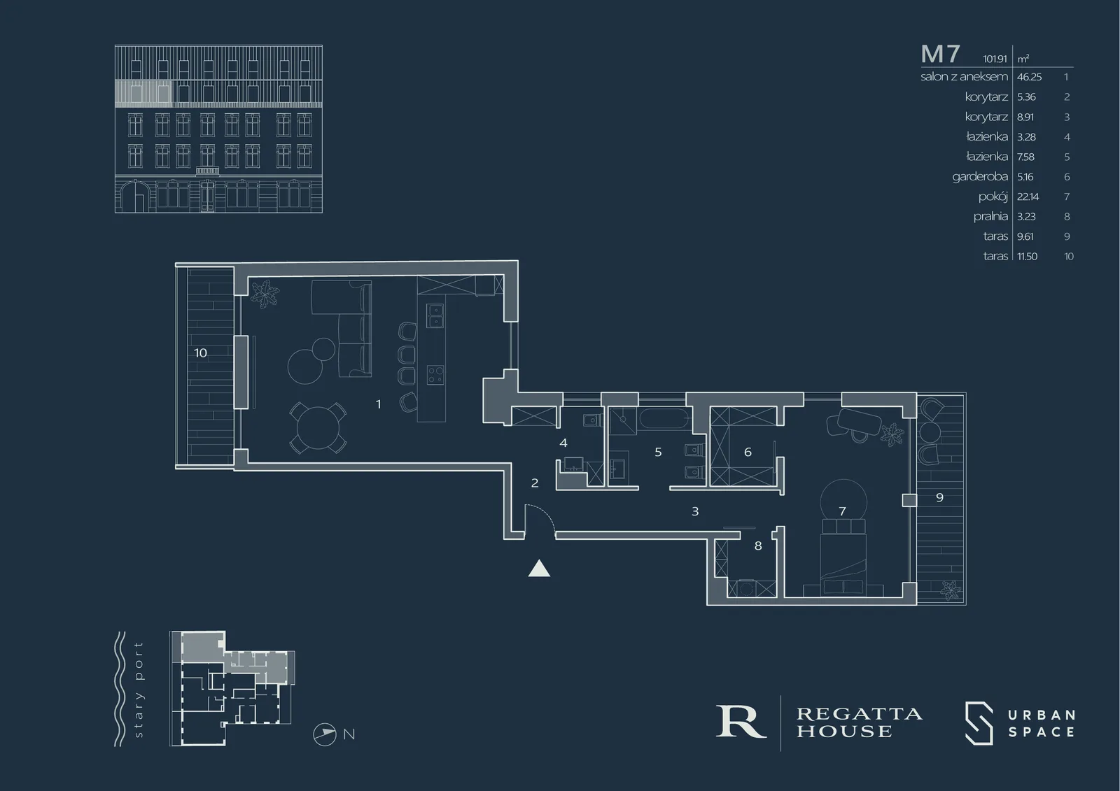 Drawing: premium navy-branded Regatta House apartment marketing card for unit M9 showing floor plan, room areas table, 114.65 square metres with dual terraces