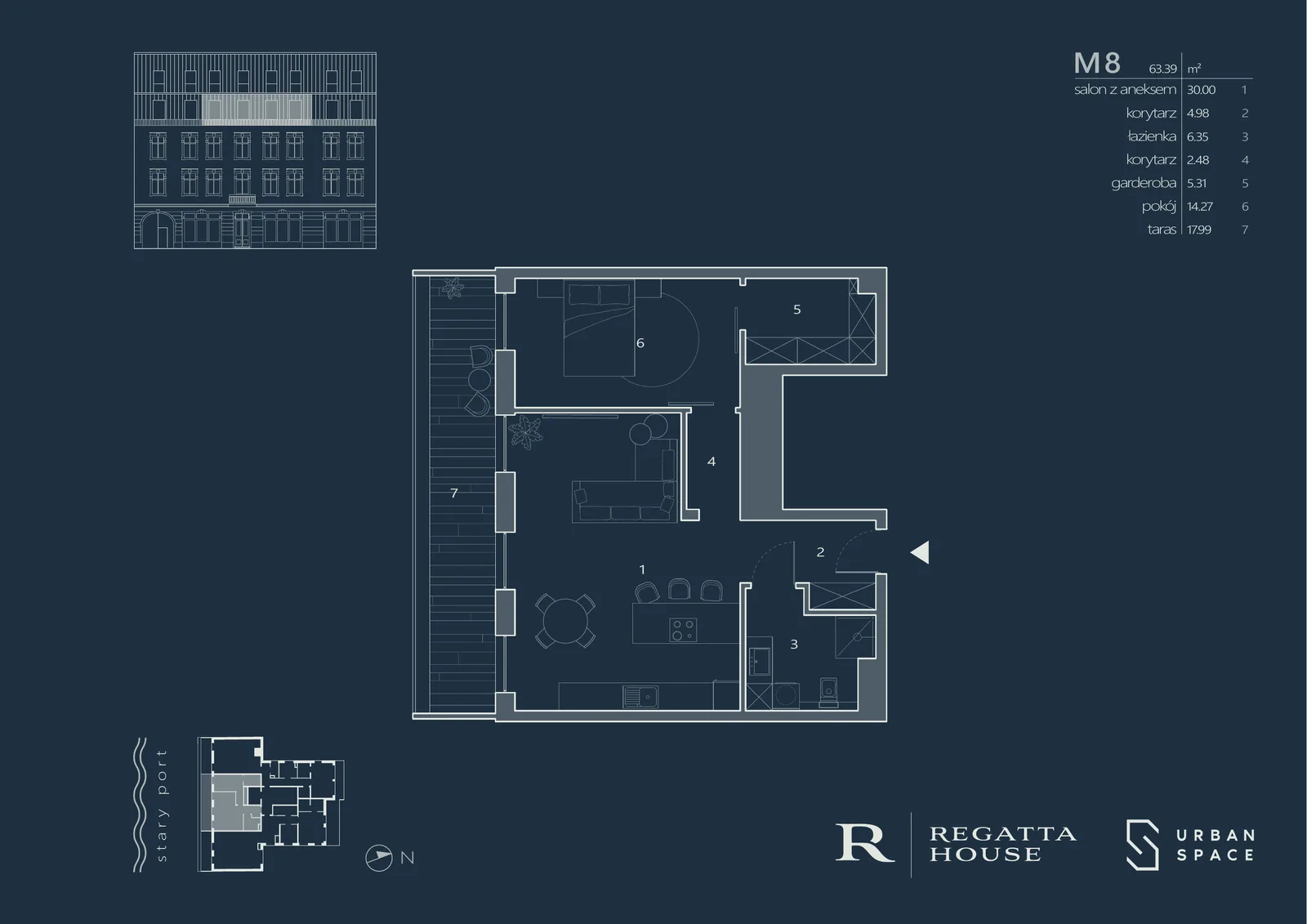 Drawing: premium navy-branded Regatta House apartment marketing card for unit M10 showing floor plan, room areas table, 115.56 square metres with terrace
