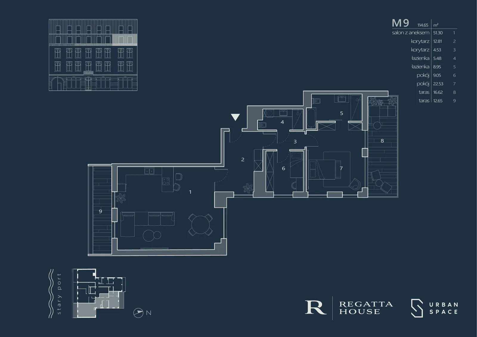 Drawing: premium navy-branded Regatta House apartment marketing card for unit M11 showing floor plan, room areas table, penthouse with terrace and panoramic river views