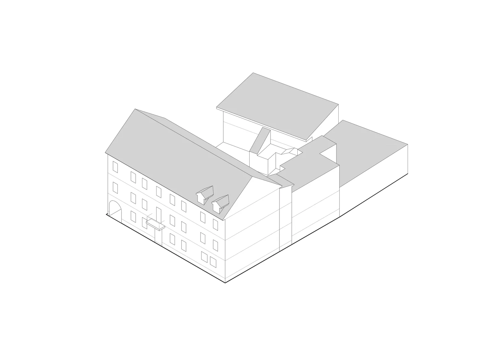 Drawing: design evolution stage 1 axonometric showing existing derelict building condition with three separate pitched-roof masses behind the preserved street facade