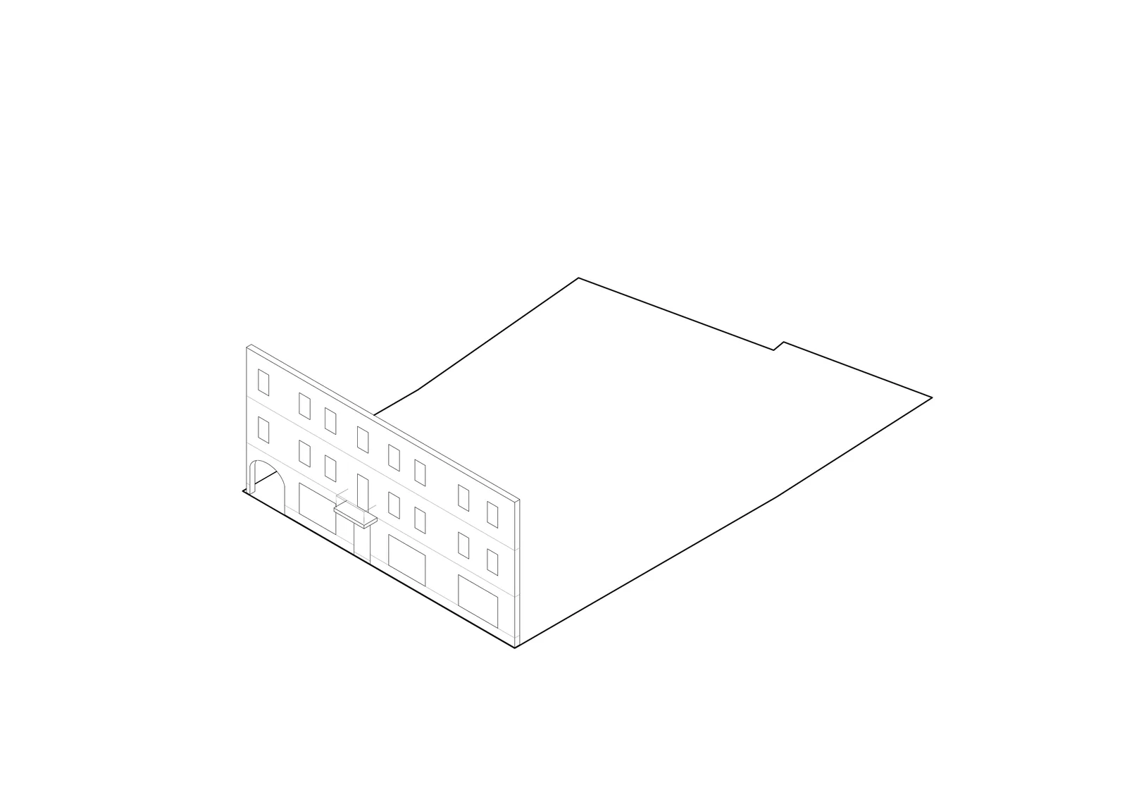 Drawing: design evolution stage 2 axonometric showing facade preservation with everything behind the front wall removed, leaving the heritage plane standing alone