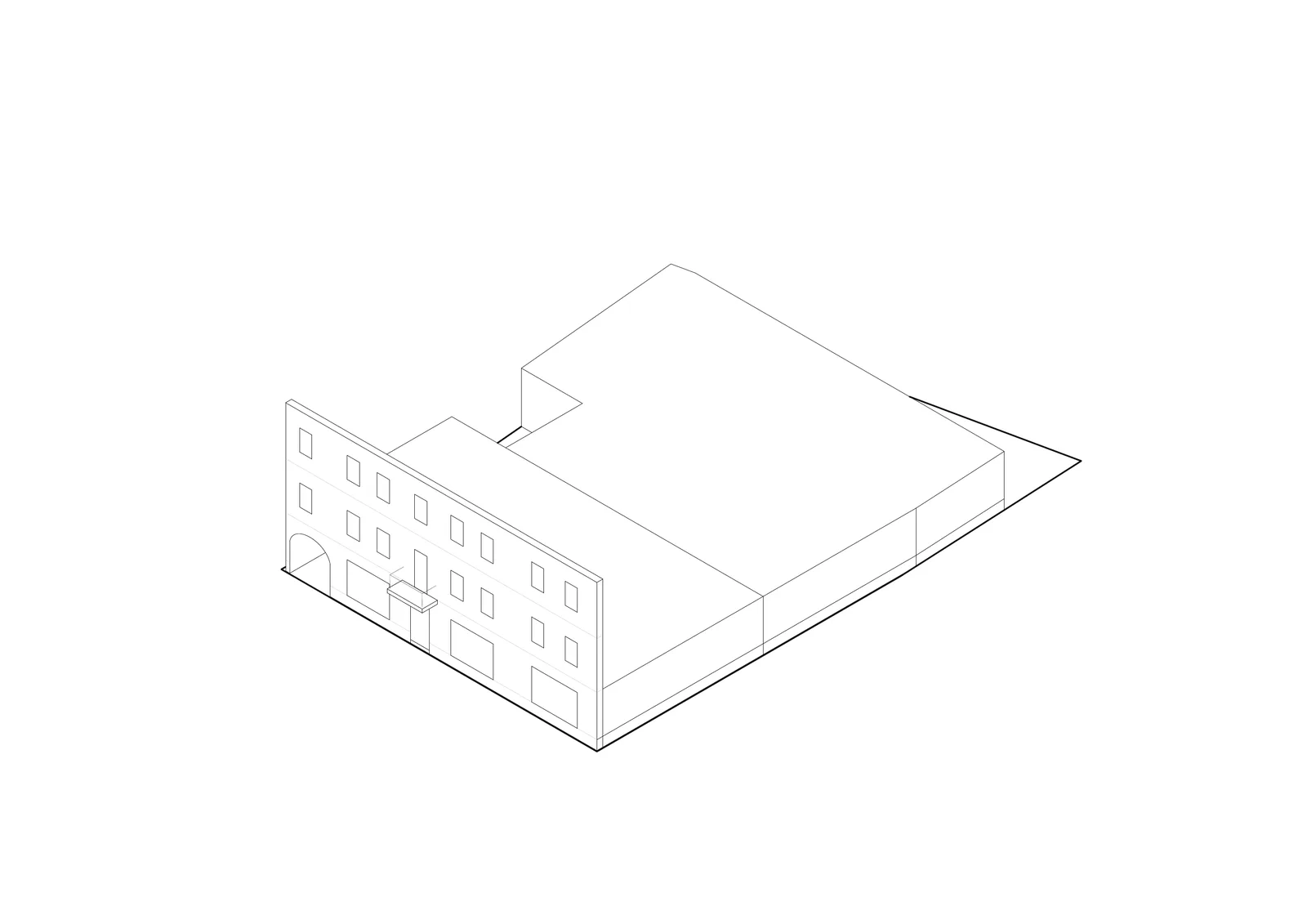 Drawing: design evolution stage 3 axonometric showing new ground floor volume filling the entire plot footprint for garage, commercial unit, and lobby