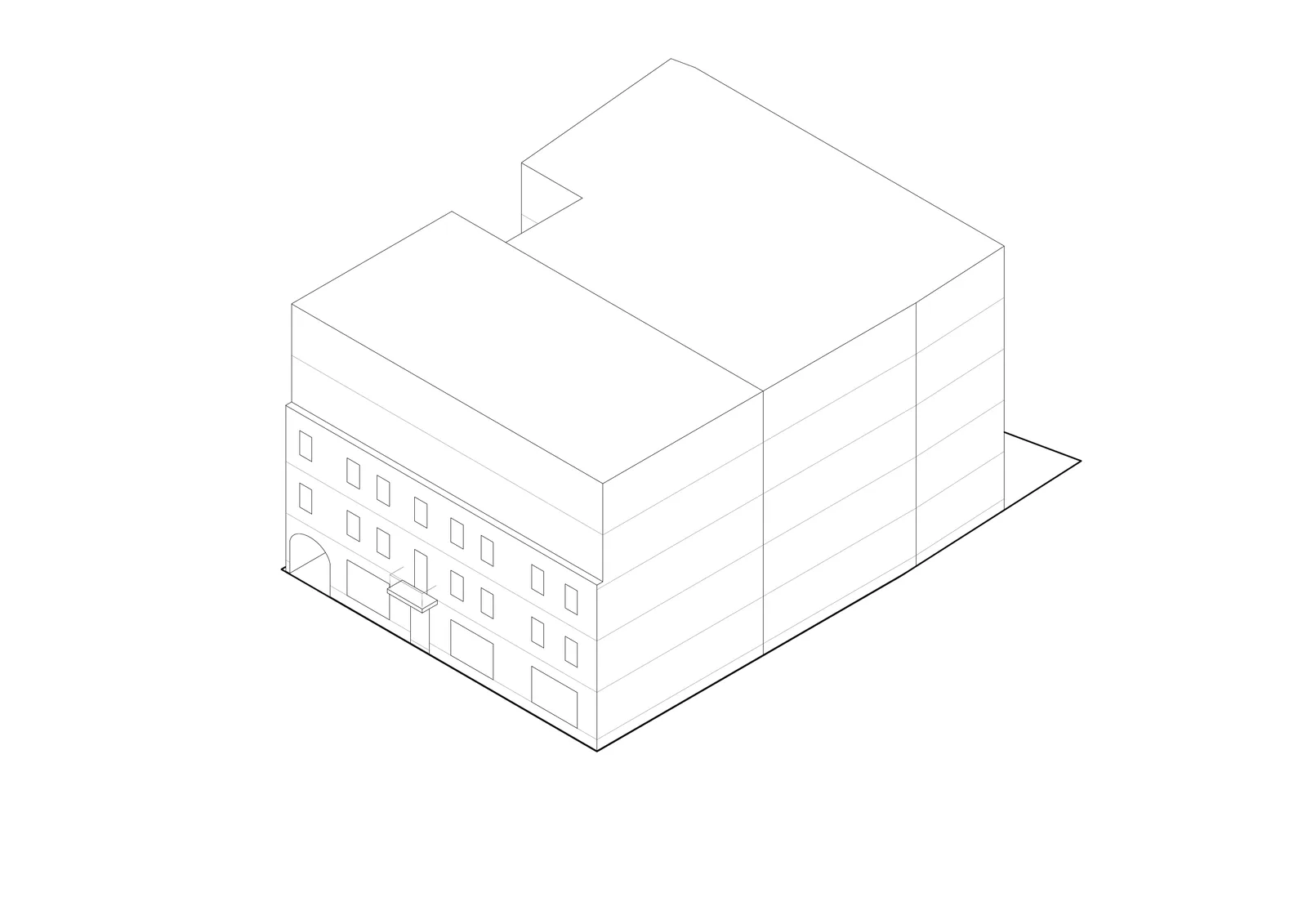 Drawing: design evolution stage 4 axonometric showing first residential volume added, stepping back from the front facade to create the initial large terrace